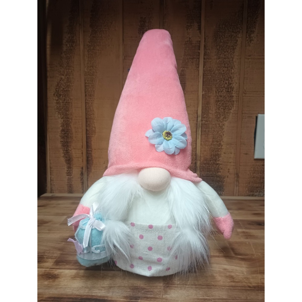 Simply Spring  11" Easter Spring Bunny Gnome Carrying Egg Pink Blue‎ Polkadot